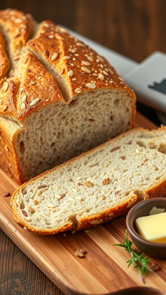 A golden crusted loaf of 5 grain sourdough bread sliced to show its textured interior, on a wooden board with butter.